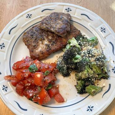 Pork with Roasted Broccoli and Tomato Salad